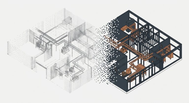 Isometric illustration of a raw point cloud scan of a mechanical room dissolving into a coordinated Revit model with copper-highlighted piping and MEP equipment