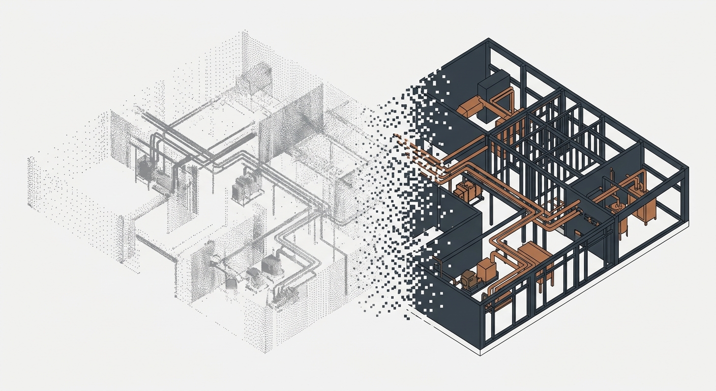 Isometric illustration of a raw point cloud scan of a mechanical room dissolving into a coordinated Revit model with copper-highlighted piping and MEP equipment