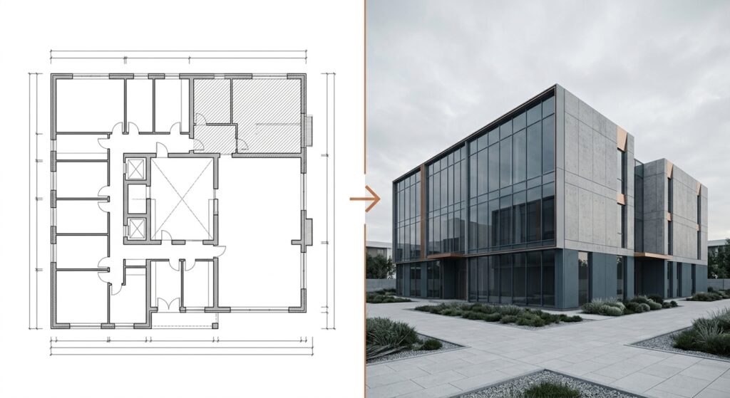 Split image showing a 2D CAD floor plan drawing on the left and a photorealistic 3D BIM building rendering on the right