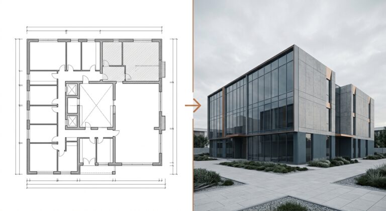 Split image showing a 2D CAD floor plan drawing on the left and a photorealistic 3D BIM building rendering on the right