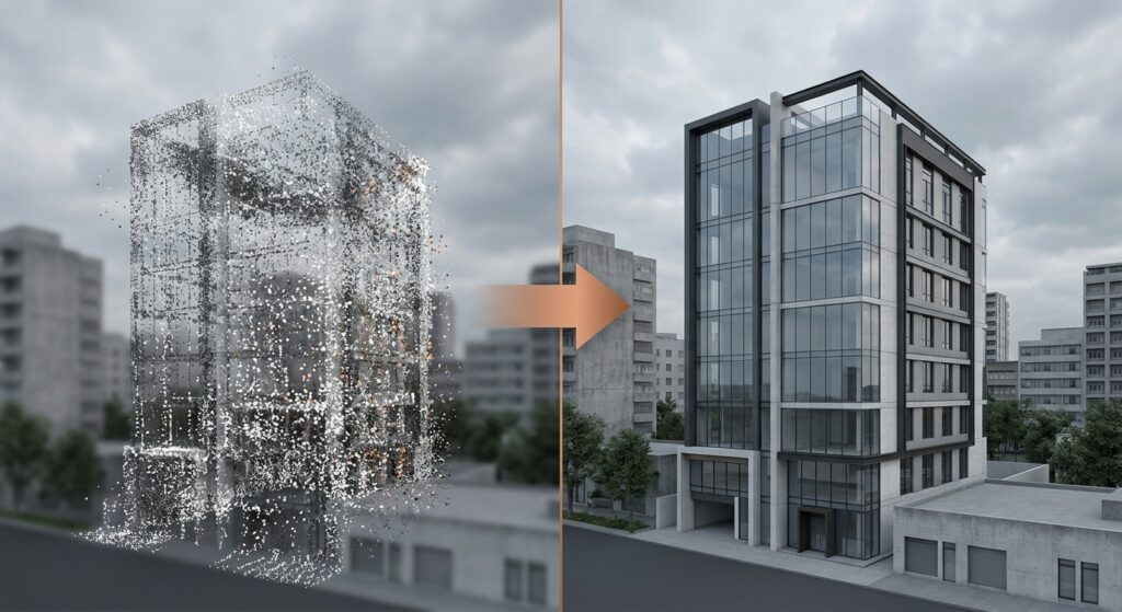 Split image showing a building as a raw 3D point cloud scan on the left transforming into a finished glass and concrete BIM model on the right
