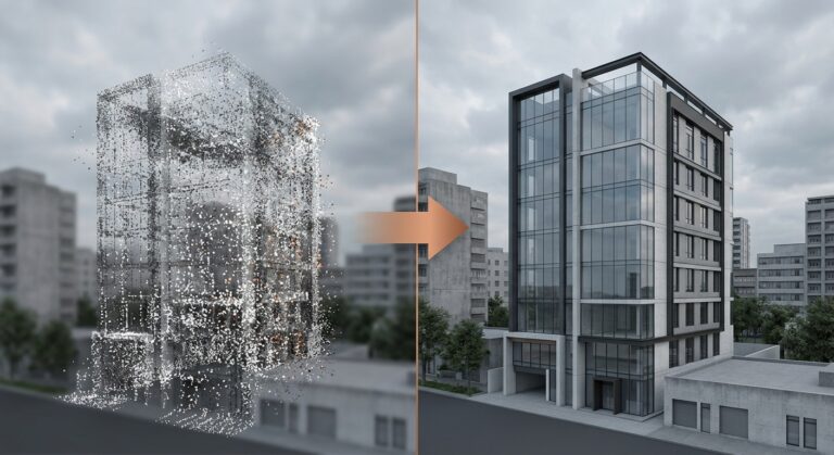 Split image showing a building as a raw 3D point cloud scan on the left transforming into a finished glass and concrete BIM model on the right