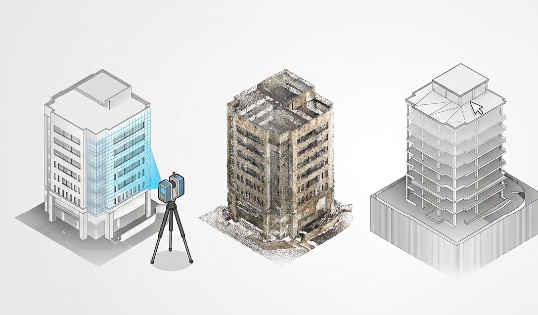 Illustration of a building progressing from 3D laser scan capture, to a raw point cloud, to a clean structured model